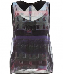 Channel countryside-chic at cocktail hour in Moschino C&Cs graphic print silk top, perfect for pairing with slim-fit separates - Pointed collar in front, sleeveless, house-print silk front, black mesh back with snap closures at nape, black spaghetti strap tank lining - Loosely fitted - Wear with a full skirt and slipper-style loafers Channel countryside-chic at cocktail hour in Moschino C&Cs graphic print silk top, perfect for pairing with slim-fit separates - Pointed collar in front, sleeveless, house-print silk front, black mesh back with snap closures at nape, black spaghetti strap tank lining - Loosely fitted - Wear with a full skirt and slipper-style loafers