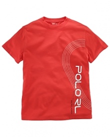 A metallic POLO graphic down the front updates the classic crewneck cotton jersey tee with a modern athletic style. A metallic POLO graphic down the front updates the classic crewneck cotton jersey tee with a modern athletic style.