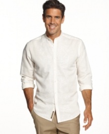 Kick back in comfort and style with this embroidered linen-blend shirt from Cubavera.