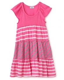 She'll look sweeter than candy in this contrast stripe dress, featuring bright color and tiered ruffle details. She'll look sweeter than candy in this contrast stripe dress, featuring bright color and tiered ruffle details.