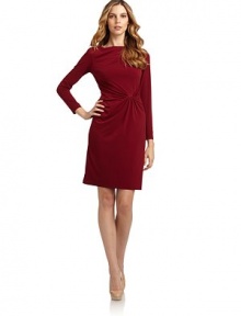 THE LOOKFront draped, ruch gathered detailingLong sleevesBack zip closureTHE FITAbout 37 from shoulder to hemTHE MATERIAL92% polyester/8% spandexFully linedCARE & ORIGINDry cleanMade in USA of imported and domestic fabricsModel shown is 5'10½ (179cm) wearing US size 4. THE LOOKFront draped, ruch gathered detailingLong sleevesBack zip closureTHE FITAbout 37 from shoulder to hemTHE MATERIAL92% polyester/8% spandexFully linedCARE & ORIGINDry cleanMade in USA of imported and domestic fabricsModel shown is 5'10½ (179cm) wearing US size 4.
