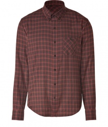 Casual goes cool in this must-have plaid button down from Vince - Small button down collar, long sleeves, front button placket, single chest pockets, curved hem, all-over plaid print - Pair with straight leg jeans and a cashmere pullover