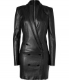 A stunning eighties-inspired silhouette informs this ultra-luxe blazer-styled leather dress from Jitrois - Narrow lapels, deep V-neckline, long sleeves, double-breasted, front button placket, mini-length, fitted silhouette, exposed back zip closure - Style with sky-high heels and a statement clutch