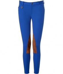 Take on Ralph Laurens iconic preppy look in these bright blue stretch twill jodhpur-style trousers - Slash side pockets, zip fly, button closure, belt loops, brown suede patches horseshoe charm on belt loop, snapped cuffs - Form-fitting, ankle length - Wear with a button-down, blazer and flats