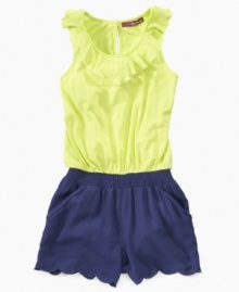 With colorblock design and ruffle detail, this airy romper by Epic Threads has flair and grace. With colorblock design and ruffle detail, this airy romper by Epic Threads has flair and grace.