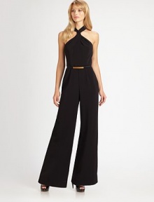 Elegant and minimal, this one-piece design features an alluring twist-front halter neckline.Halter-style twist necklineIncluded beltWide legRacerbackConcealed back zip and button closuresAbout 44 from natural waistTriacetate/polyester/polyurethaneDry cleanMade in USA of imported fabricModel shown is 5'10 (177cm) wearing US size 4. Elegant and minimal, this one-piece design features an alluring twist-front halter neckline.Halter-style twist necklineIncluded beltWide legRacerbackConcealed back zip and button closuresAbout 44 from natural waistTriacetate/polyester/polyurethaneDry cleanMade in USA of imported fabricModel shown is 5'10 (177cm) wearing US size 4.