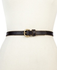 Elevate your style with this vintage-chic Fossil belt that makes a classic contemporary. The antiqued brass-tone buckle is paired with mod gold beaded detailing, for a look that's altogether eye-catching. Elevate your style with this vintage-chic Fossil belt that makes a classic contemporary. The antiqued brass-tone buckle is paired with mod gold beaded detailing, for a look that's altogether eye-catching.