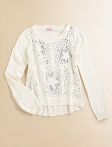 She'll be starstruck in this long-sleeved knit with hi-lo hem and embellishments.ScoopneckLong sleevesPullover styleHi-lo hem55% cotton/45% acrylicMachine washImported She'll be starstruck in this long-sleeved knit with hi-lo hem and embellishments.ScoopneckLong sleevesPullover styleHi-lo hem55% cotton/45% acrylicMachine washImported