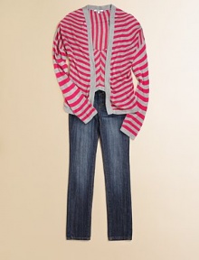 Brilliant, contrasting stripes brighten up an open-front cardigan for warmth and style.Waterfall frontLong sleevesPull-on styleRayonMachine washImported Brilliant, contrasting stripes brighten up an open-front cardigan for warmth and style.Waterfall frontLong sleevesPull-on styleRayonMachine washImported