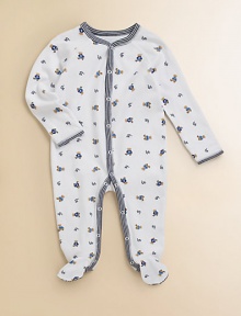 An adorable, bear covered footie in breathable cotton mesh, specially treated for a lustrous sheen.Striped crewneckLong sleeves with striped cuffsSnaps down the front hemCottonMachine washImported Please note: Number of snaps may vary depending on size ordered. An adorable, bear covered footie in breathable cotton mesh, specially treated for a lustrous sheen.Striped crewneckLong sleeves with striped cuffsSnaps down the front hemCottonMachine washImported Please note: Number of snaps may vary depending on size ordered.