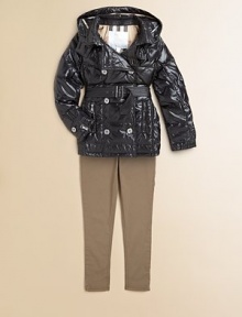 A lightweight, quilted trench featuring a double-breasted button-front, detachable hood, slash pockets and a self belt.Shoulder epaulettesDetachable hoodSpread collarLong sleeves with zipper and button cuffsDouble-breasted button frontBelted waistbandAngled zippered pocketsCheck linedPolyamideMachine washImported A lightweight, quilted trench featuring a double-breasted button-front, detachable hood, slash pockets and a self belt.Shoulder epaulettesDetachable hoodSpread collarLong sleeves with zipper and button cuffsDouble-breasted button frontBelted waistbandAngled zippered pocketsCheck linedPolyamideMachine washImported