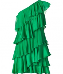 Statement-making and undeniably chic, this Halston Heritage tiered frock is a cocktail party must-have - One-shoulder, tiered ruffles, mini-length, concealed side zip closure - Wear with a slim trench, metallic platform sandals, and a studded clutch