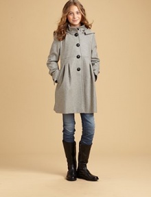 Wonderfully warm wool, featuring feminine pleating and a detachable hood.Detachable hoodStand collarButton frontEmpire seam with pleated detailsSide slash pocketsLong sleeves with button cuffsBack button-down ventFully lined60% wool/30% polyester/10% viscoseDry cleanImported Wonderfully warm wool, featuring feminine pleating and a detachable hood.Detachable hoodStand collarButton frontEmpire seam with pleated detailsSide slash pocketsLong sleeves with button cuffsBack button-down ventFully lined60% wool/30% polyester/10% viscoseDry cleanImported