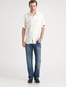 Guaranteed to make a statement, this illustrated sportshirt is tailored in luxurious silk twill.ButtonfrontChest patch pocketSilkDry cleanImported Guaranteed to make a statement, this illustrated sportshirt is tailored in luxurious silk twill.ButtonfrontChest patch pocketSilkDry cleanImported