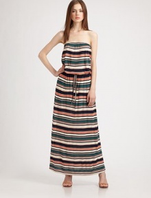 Retro stripes and a drawstring drop waist add bohemian charm to this strapless maxi dress. StraplessDrawstring drop waistAbout 36 from natural waistRayonDry cleanImportedModel shown is 5'10 (177cm) wearing US size Small.