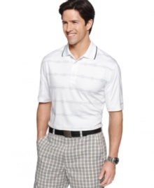 Master those eighteen holes in first class style with this striped performance polo from Greg Norman for Tasso Elba. Master those eighteen holes in first class style with this striped performance polo from Greg Norman for Tasso Elba.
