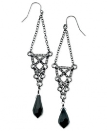 Open to the idea of something new? These doorknocker earrings from GUESS are crafted from hematite-tone mixed metal with jet beads and glass crystal stones. A filigree pattern enhances the look. Approximate drop: 3-1/4 inches. Approximate diameter: 3/4 inch. Open to the idea of something new? These doorknocker earrings from GUESS are crafted from hematite-tone mixed metal with jet beads and glass crystal stones. A filigree pattern enhances the look. Approximate drop: 3-1/4 inches. Approximate diameter: 3/4 inch.