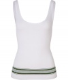 Better than your basic tank, this cotton top features stylish contrasting stripes and a slim fit- Tank style with a scoop neck and green stripes at bottom - Pair with skinny jeans, a boyfriend blazer, and embellished ballet flats