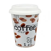 Porcelain travel mugs with rubber lid. Special heat resistant technology around the top of the cup will prevent the porcelain from getting too hot while carrying it. Reads Coffee all over. Porcelain travel mugs with rubber lid. Special heat resistant technology around the top of the cup will prevent the porcelain from getting too hot while carrying it. Reads Coffee all over.