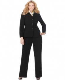 A pop of pleating at the hem of the jacket and a removable printed scarf makes this plus size suit by Le Suit a striking addition to your work wardrobe. A pop of pleating at the hem of the jacket and a removable printed scarf makes this plus size suit by Le Suit a striking addition to your work wardrobe.
