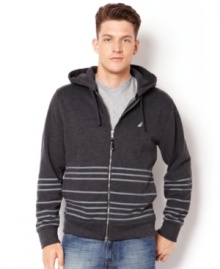 Line up your attire for the season with this striped hoodie from Nautica. Line up your attire for the season with this striped hoodie from Nautica.