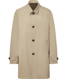 Classically elegant car coat in fine, pale beige cotton and silk blend - Soft yet ultra-durable material drapes beautifully - Small collar and four-button closure - Slash pockets at sides, rear vent - Slimmer, straight silhouette - Sleek and streamlined, works for day or evening - Pair with everything from business suits or a blazer and chinos to jeans and a pullover