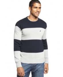 With a sporty, modern look, this striped Nautica sweater is a fresh choice for a season of sweaters. With a sporty, modern look, this striped Nautica sweater is a fresh choice for a season of sweaters.