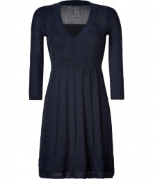 Perfect for taking from work to cocktails, Missoni Ms knit dress is an understated chic take on the brands iconic look - V-neckline, 3/4 sleeves, spaghetti strap lining - Fitted bodice, full skirt - Pair with heels and a sleek leather tote