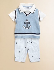 A basic one-piece knit makes a handsome statement with anchor design and colorful stripes.Point collarShort sleevesFront buttonsBottom snaps for easy on and offCottonMachine washImported Please note: Numbers of buttons and snaps may vary depending on size ordered. A basic one-piece knit makes a handsome statement with anchor design and colorful stripes.Point collarShort sleevesFront buttonsBottom snaps for easy on and offCottonMachine washImported Please note: Numbers of buttons and snaps may vary depending on size ordered.