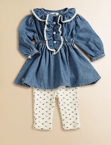 Soft cotton leggings are adorned with a floral pattern and paired with a ruffled chambray dress, exuding girly Western charm.Crew collarLong sleeves with single-button cuffsButton-frontRuffled hemElastic waistbandCottonMachine washImported Please note: Number of buttons may vary depending on size ordered. Soft cotton leggings are adorned with a floral pattern and paired with a ruffled chambray dress, exuding girly Western charm.Crew collarLong sleeves with single-button cuffsButton-frontRuffled hemElastic waistbandCottonMachine washImported Please note: Number of buttons may vary depending on size ordered.