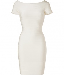 Cut a feminine figure after dark in this cocktail-ready off-the-shoulder dress from Herv? L?ger - Wide off-the-shoulder neckline, cap sleeves, bandage style with figure-hugging multi-panels, concealed back zip closure - Extra form-fitting - Style with jet black platform pumps and a statement clutch
