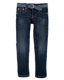 The stylish Bowery skinny jean is rendered in a rich, dark wash and finished with light creasing for a cool worn-in look. The stylish Bowery skinny jean is rendered in a rich, dark wash and finished with light creasing for a cool worn-in look.