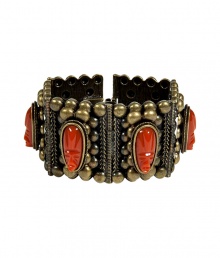 Bring heightened style to your day or night look with this ultra-chic cuff from New York City-based accessory label Dannijo - Large size with stylishly distressed oxidized brass and red stone cameo details - Wear with a classic cocktail dress or an on-trend off-duty ensemble Bring heightened style to your day or night look with this ultra-chic cuff from New York City-based accessory label Dannijo - Large size with stylishly distressed oxidized brass and red stone cameo details - Wear with a classic cocktail dress or an on-trend off-duty ensemble