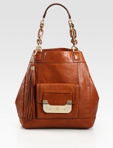 Butter-rich leather in a classic bucket satchel, finished with unique leather-and-chain handles and polished hardware.Double top handles, 8¾ dropTop snap closureOne inside zip pocketThree inside open pocketsCotton lining12W X 13H X 7DImported Butter-rich leather in a classic bucket satchel, finished with unique leather-and-chain handles and polished hardware.Double top handles, 8¾ dropTop snap closureOne inside zip pocketThree inside open pocketsCotton lining12W X 13H X 7DImported