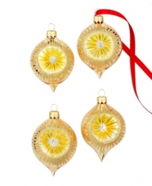 Miracle of lights: four exquisite drop ornaments feature gold glitter detailing and reflective panels create festive, dazzling decor. A stunning holiday set from Kurt Adler.