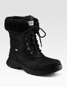 Plush shearling lines the folded-down cuff of a waterproof winter boot, constructed in durable leather with suede detail and rugged rubber trim.Padded insoleRubber soleImportedFur origin: China Plush shearling lines the folded-down cuff of a waterproof winter boot, constructed in durable leather with suede detail and rugged rubber trim.Padded insoleRubber soleImportedFur origin: China