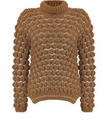 Beat the cold weather fashion doldrums with this chunky lurex turtleneck from Schumacher - Rolled turtleneck, long sleeves, curved hem with side vents, chunky circular patterned knit - Style with skinny jeans or leather leggings, a modern parka, and lace-up high heel booties