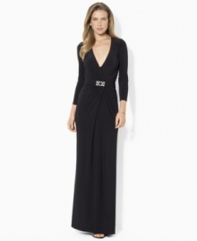 A sparkling buckle accents the waist of Lauren Ralph Lauren's beautiful floor-length gown, designed from soft matte jersey with criss-crossing gathers at the front for a flattering, feminine aesthetic.