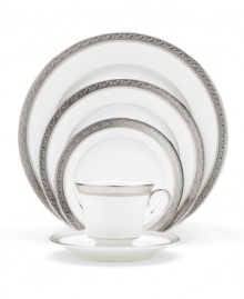 The unparalleled style of Noritake china has been gracefully setting tables for more than ninety years. The formal Crestwood Platinum dinnerware and dishes collection features crisp white china embellished with a shimmering border of interlocking scrolled leaves and an edge of polished platinum.