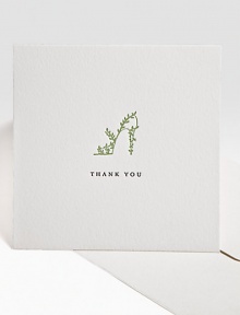 Express your thanks with the combination of sweetness and sophistication imparted by these elegant foldover notes with a charming ivy design, letterpressed by hand on creamy cotton stock that lends extra meaning to your words.Original Charles Fradin illustrationLetterpressed by hand100% cotton stock4.75 square (folded)Set of 8, with envelopesMade in USA Express your thanks with the combination of sweetness and sophistication imparted by these elegant foldover notes with a charming ivy design, letterpressed by hand on creamy cotton stock that lends extra meaning to your words.Original Charles Fradin illustrationLetterpressed by hand100% cotton stock4.75 square (folded)Set of 8, with envelopesMade in USA