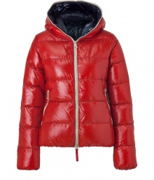 A sleek outer shell and vibrant contrast lining lend this Duvetica down jacket its sporty and stylish edge - In a lighter weight, wind- and water-resistant red polyamide with beige trim - Slim cut tapers through waist and fits close to the body for extra warmth - Full zip, hood and oversize diagonal zippered pockets at front - Perfect for cold weather casual looks - Pair with denim, leggings and cords