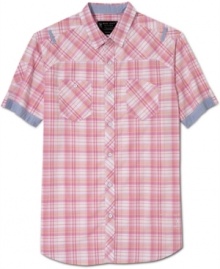 Pop this bright plaid shirt from Marc Ecko Cut & Sew into your wardrobe for a fresh take on casual cool.