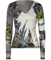 Luxe pullover sweater in fine grey patterned cashmere-silk blend - Elegant multi-colored print in traditional Etro fashion - Feminine, narrow silhouette with v-neck and long sleeves - Wonderfully soft, with high-quality look and feel - Pair with a pencil skirt and heels for the office or with skinny jeans and boots in the evening