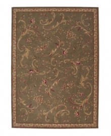 Bring a bit of natural elegance home. The Ashton House collection sets new standards of richness with their opulent colors, European-inspired decorative motifs, and luxuriously textured wool pile. This rug features an intricate and playful tossed flower design in earth tones on a mossy green background. Surrounded by an ornate border. Bring a bit of natural elegance home. The Ashton House collection sets new standards of richness with their opulent colors, European-inspired decorative motifs, and luxuriously textured wool pile. This rug features an intricate and playful tossed flower design in earth tones on a mossy green background. Surrounded by an ornate border.