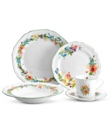 A fresh take on a classic design, the Antique Garden place setting features vintage florals in creamy porcelain with evergreen trim for a charming casual table. Coordinates with Antique White and Antique Orchard dinnerware, also by Mikasa. A fresh take on a classic design, the Antique Garden place setting features vintage florals in creamy porcelain with evergreen trim for a charming casual table. Coordinates with Antique White and Antique Orchard dinnerware, also by Mikasa.