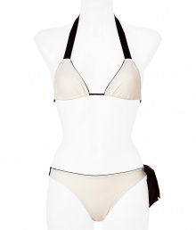 Philip Lim brings minimalistic modernity to the classic bikini with a streamlined cut and clean details - Triangle top with thick contrasting halter strap, contrasting rim, bottom with side ribbon detail - Style with a sheer caftan, high heel sandals, and a floppy hat Philip Lim brings minimalistic modernity to the classic bikini with a streamlined cut and clean details - Triangle top with thick contrasting halter strap, contrasting rim, bottom with side ribbon detail - Style with a sheer caftan, high heel sandals, and a floppy hat