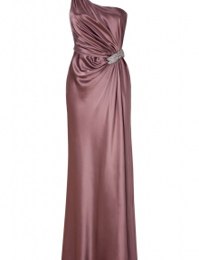 Gorgeous evening gown of fine silk is stunning with a draped one-shoulder silhouette - Narrow, draped waist is enhanced with a silver brooch - Skirt is decorative in soft folds that fall to an elegant floor-length - An ideal red carpet dress, its perfect for formal events when paired with strappy heels and long, chandelier earrings