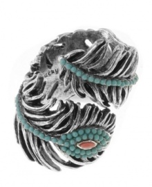In fine feather! A pretty peacock feather design sets apart this stylish ring from Lucky Brand. Embellished with plastic beading, it's set in silver tone mixed metal (nickel-free for sensitive skin). Size 7. In fine feather! A pretty peacock feather design sets apart this stylish ring from Lucky Brand. Embellished with plastic beading, it's set in silver tone mixed metal (nickel-free for sensitive skin). Size 7.