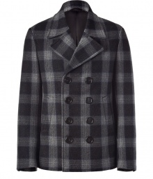 Cool & masculine - Stylish pea coat jacket in a black wool and cashmere blend - With a modern double breasted button placket and notch collar - Simple coolness with covered pockets on the sides - Stylish check - Pair with jeans and a cashmere pullover or grey wool pants and a white shirt Cool & masculine - Stylish pea coat jacket in a black wool and cashmere blend - With a modern double breasted button placket and notch collar - Simple coolness with covered pockets on the sides - Stylish check - Pair with jeans and a cashmere pullover or grey wool pants and a white shirt