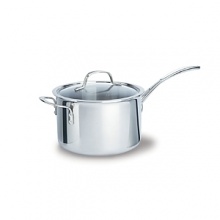 This Tri-Ply Calphalon sauce pan features an updated lid design to give lower profile and a cool V stainless steel handle. Classic vessel design, induction capable magnetic stainless steel exterior. This Tri-Ply Calphalon sauce pan features an updated lid design to give lower profile and a cool V stainless steel handle. Classic vessel design, induction capable magnetic stainless steel exterior.